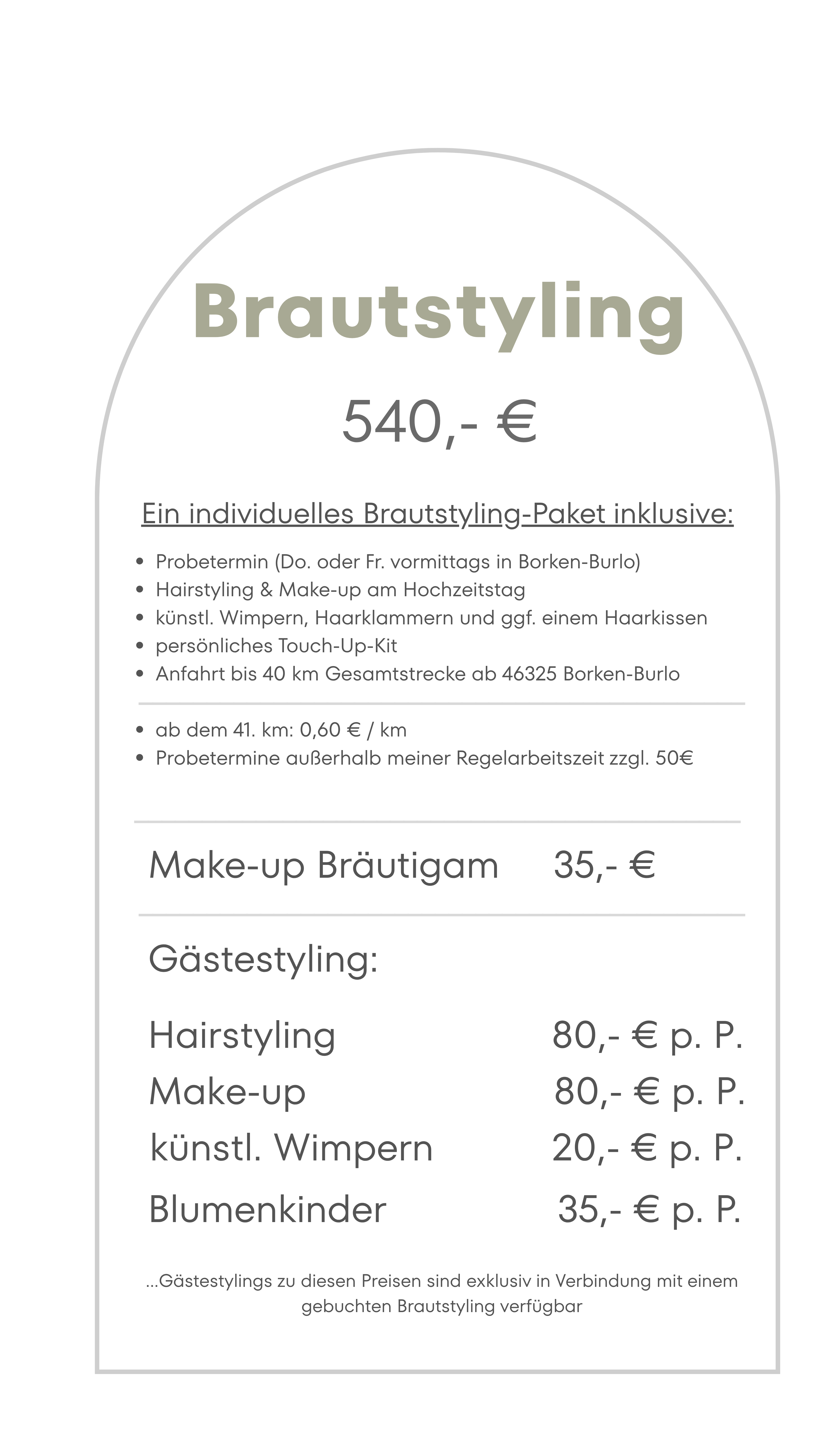 Preisliste für Brautstyling mit Probetermin